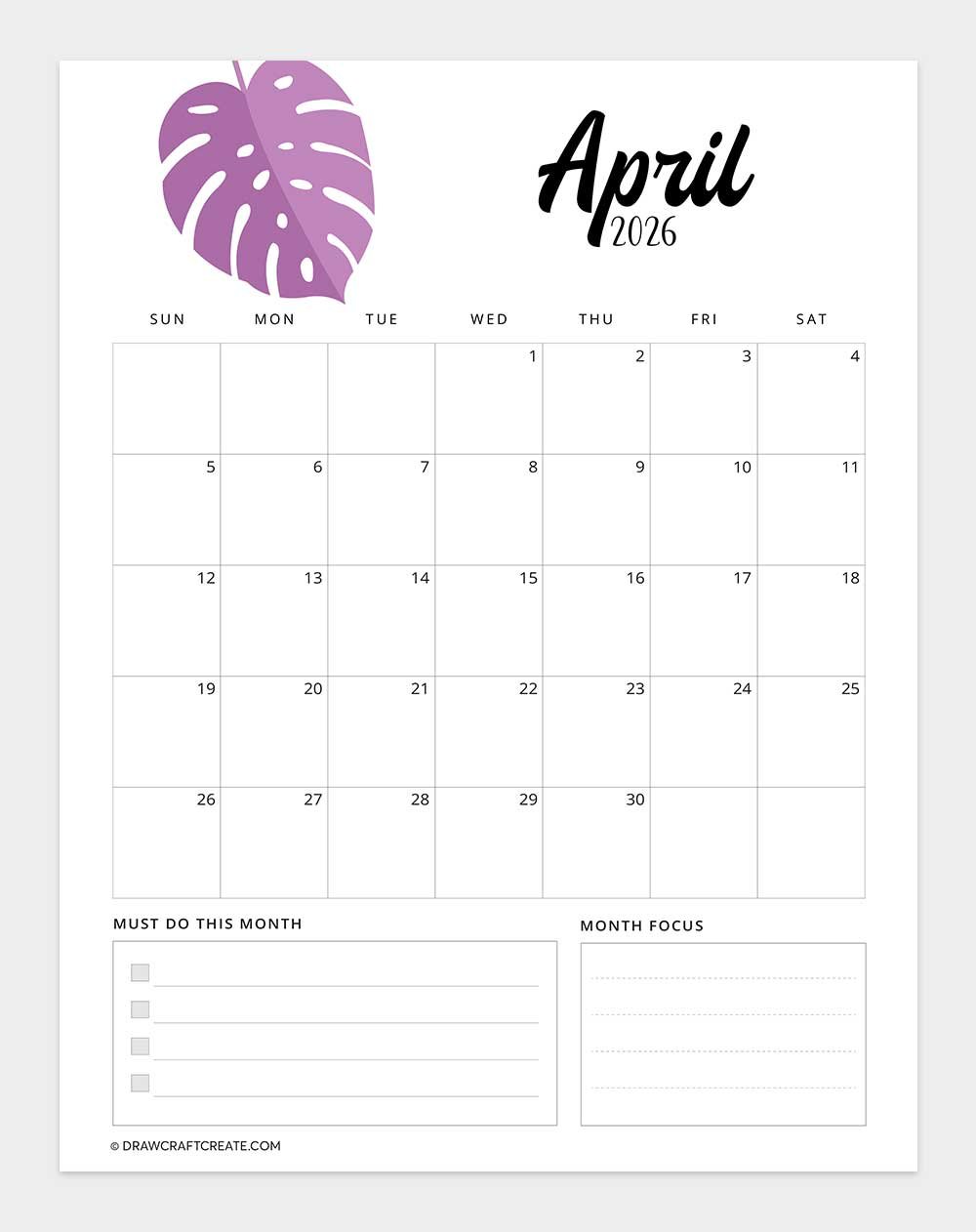 april 2026 calendar vertical