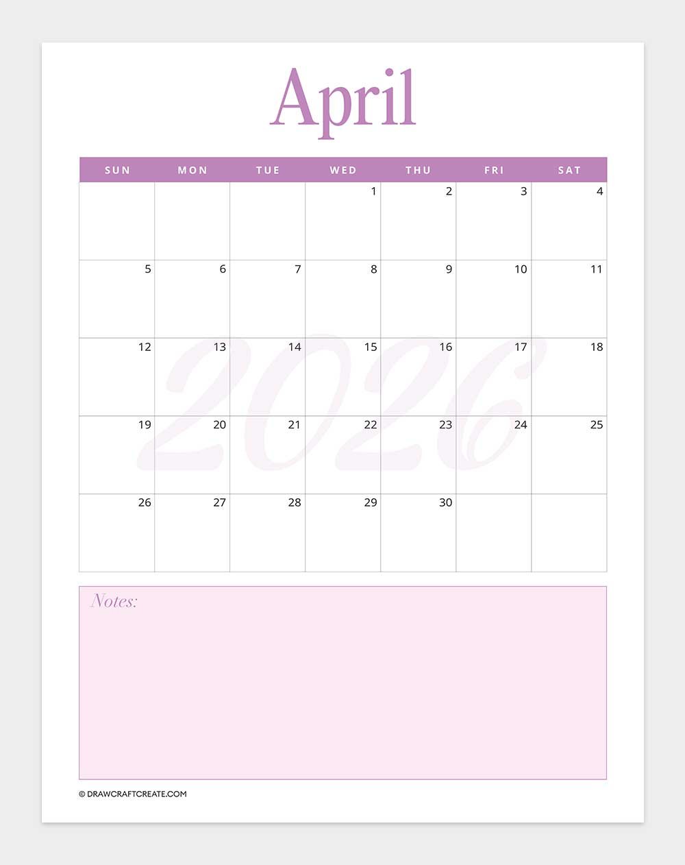 april 2026 calendar vertical