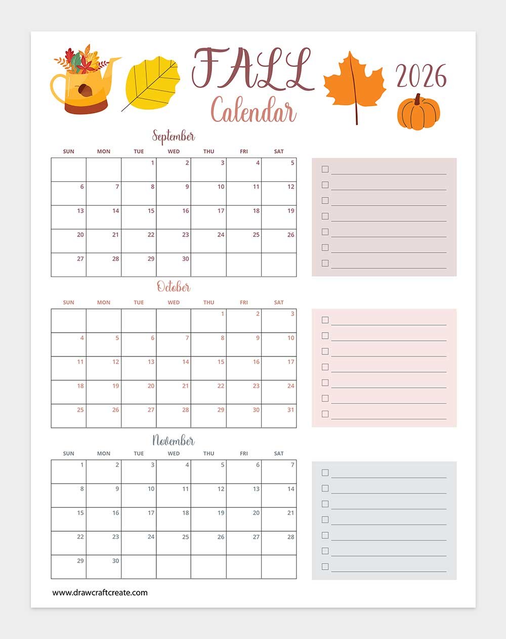free printable 2026 fall calendar