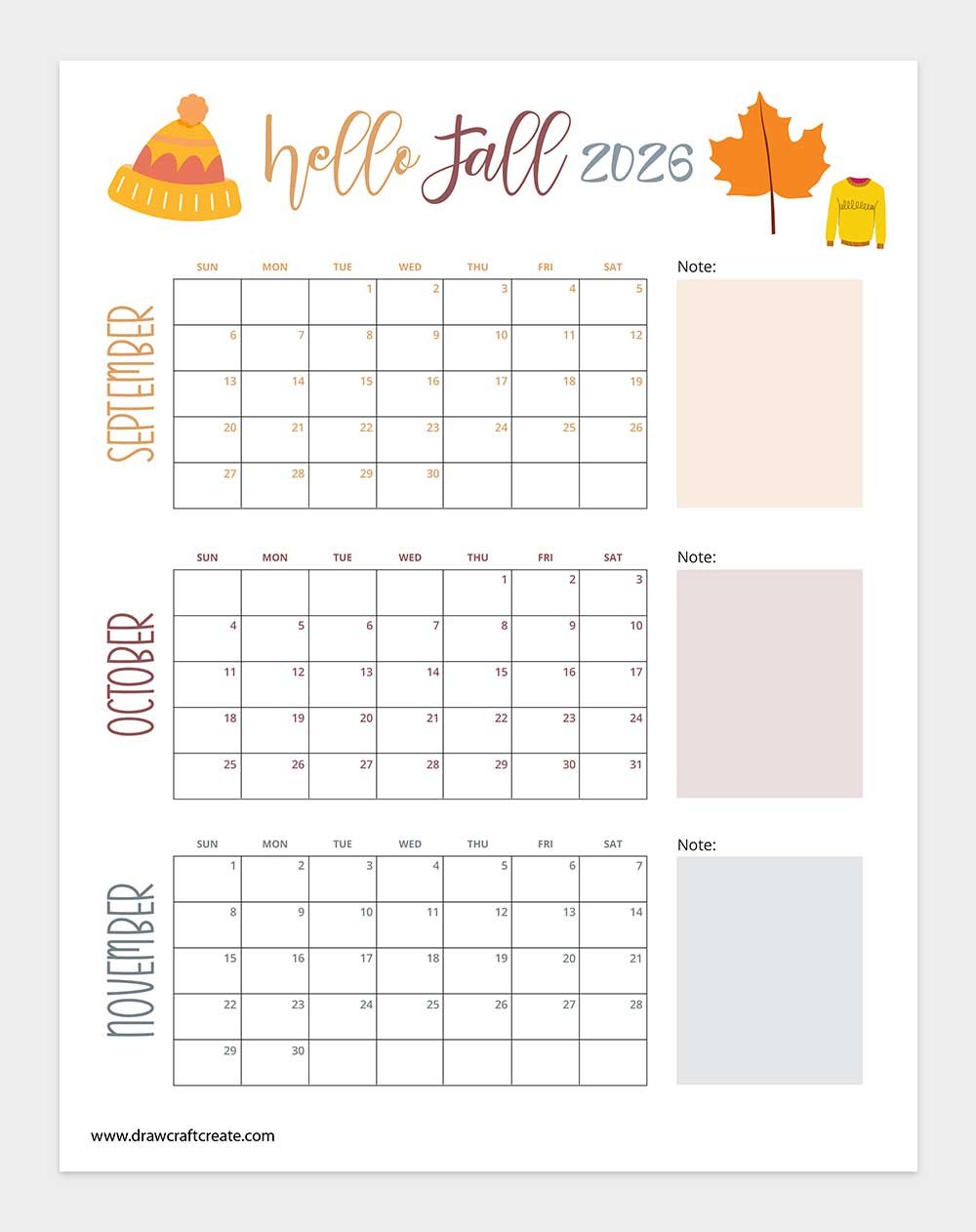 free printable 2026 fall calendar