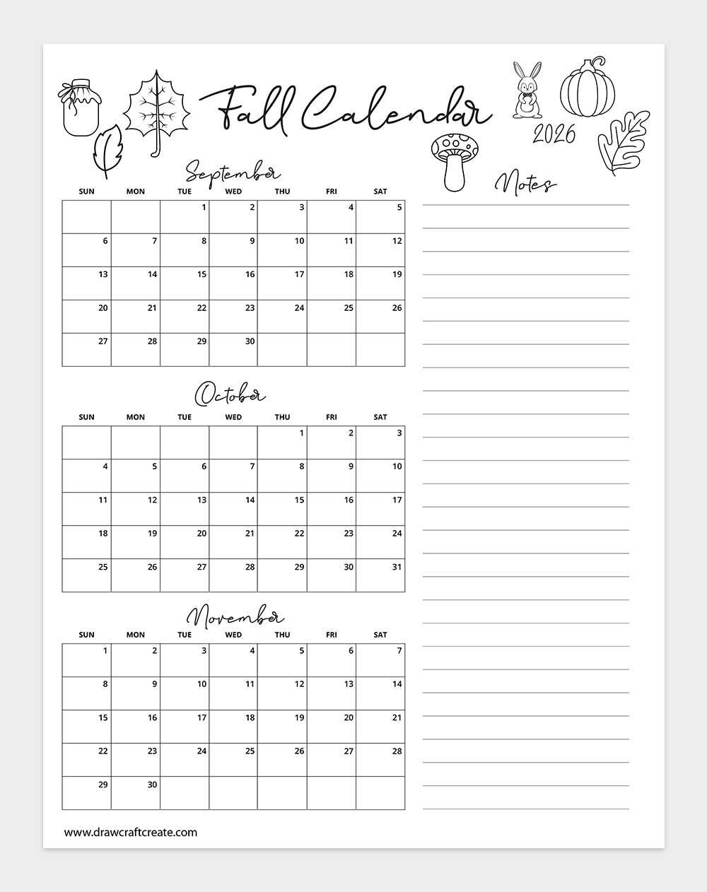 free printable 2026 fall calendar