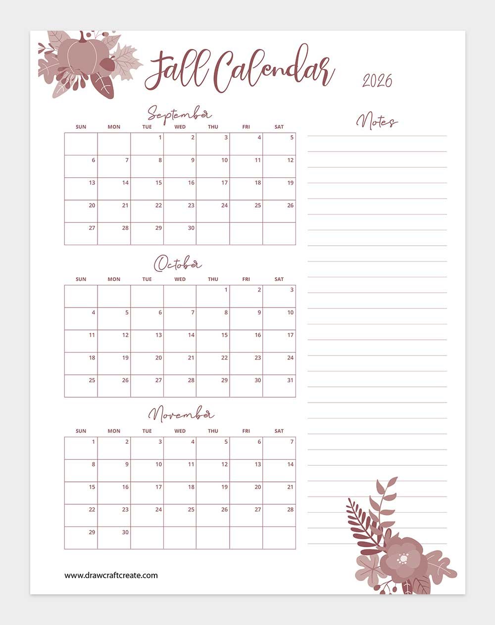 free printable 2026 fall calendar