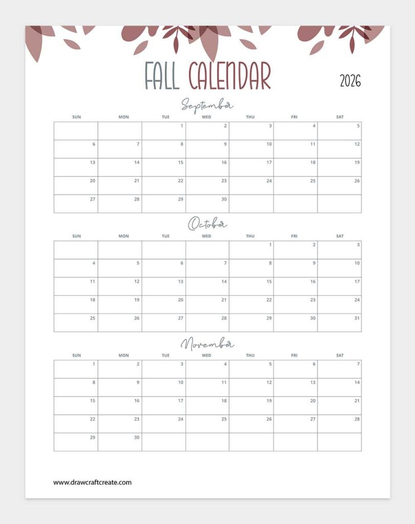 Free Printable 2026 Fall Calendars (6 Design) - Draw Craft Create