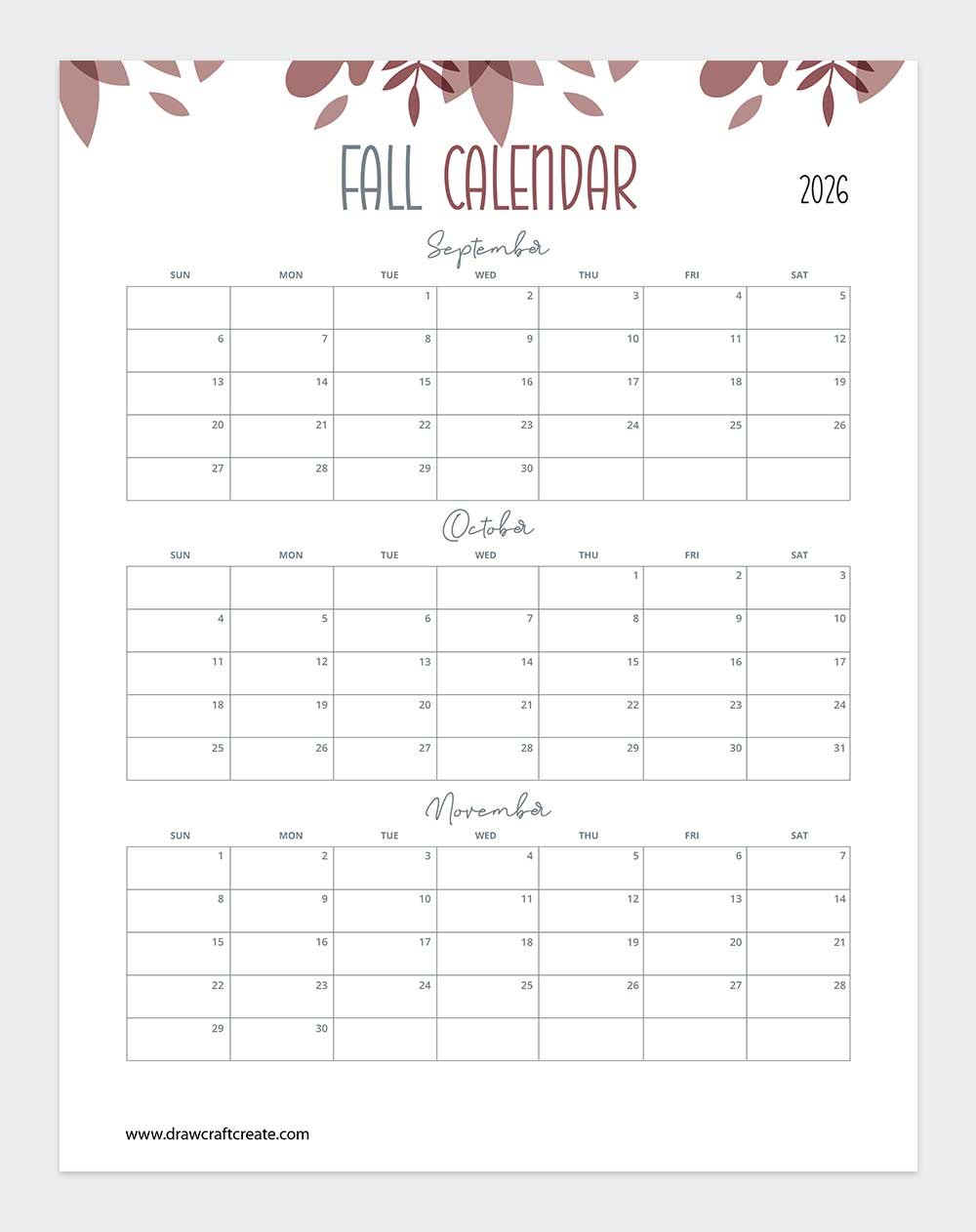 free printable 2026 fall calendar