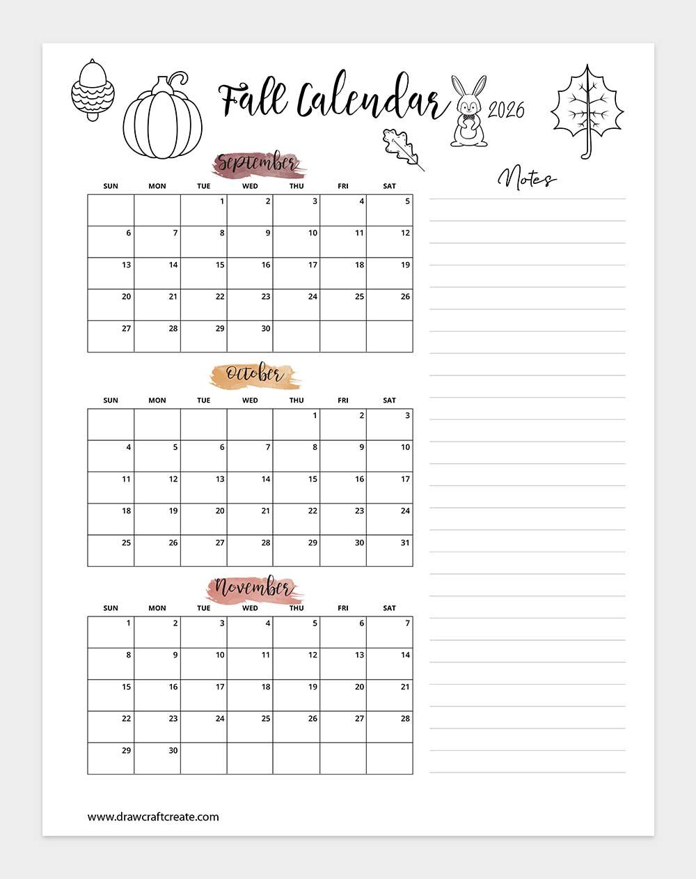 free printable 2026 fall calendar