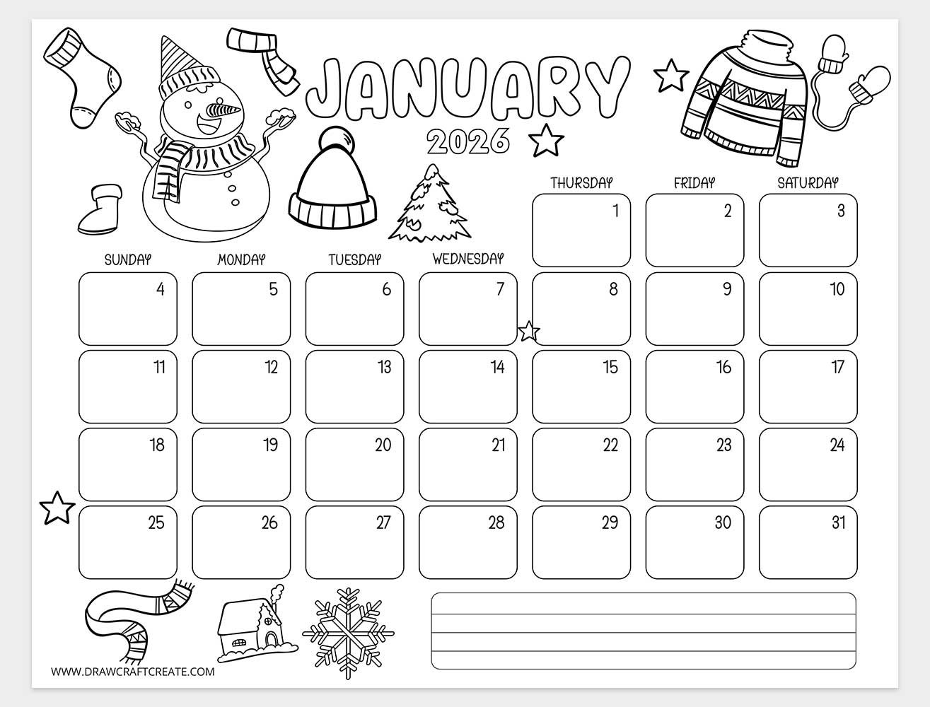 january 2026 kids coloring calendar