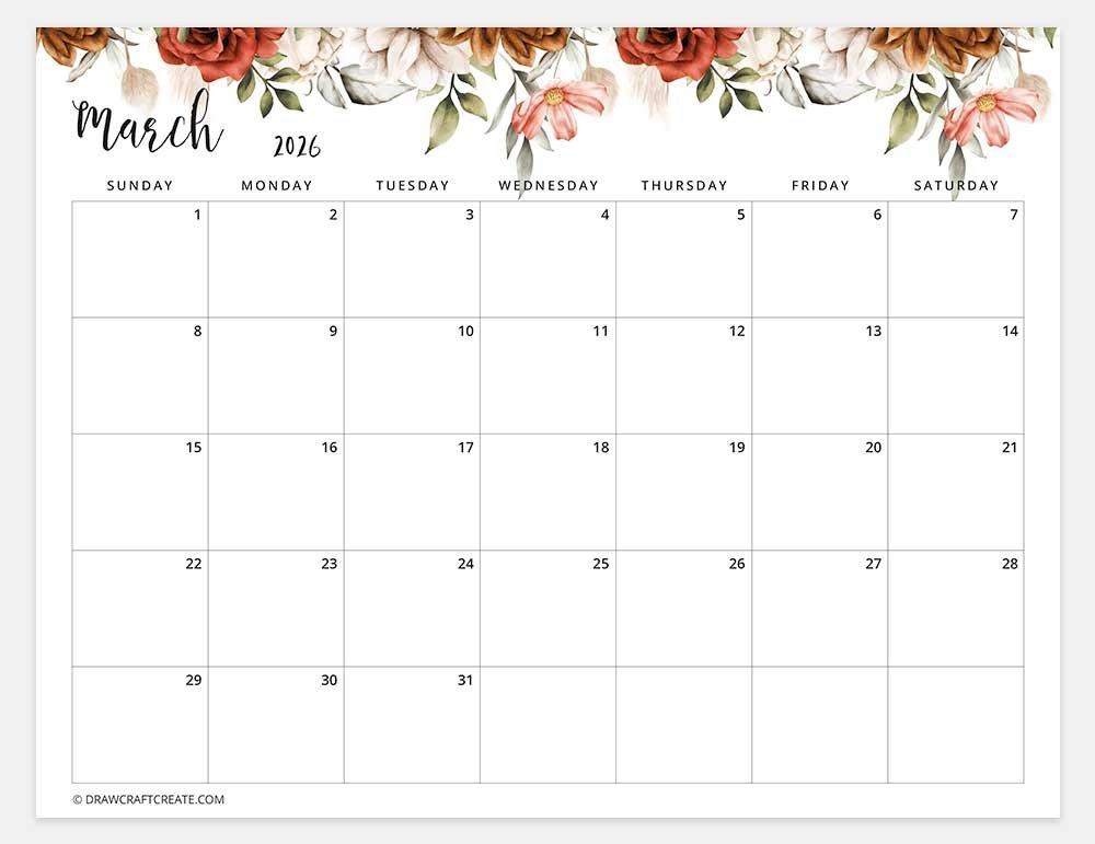 printable march 2026 calendar horizontal