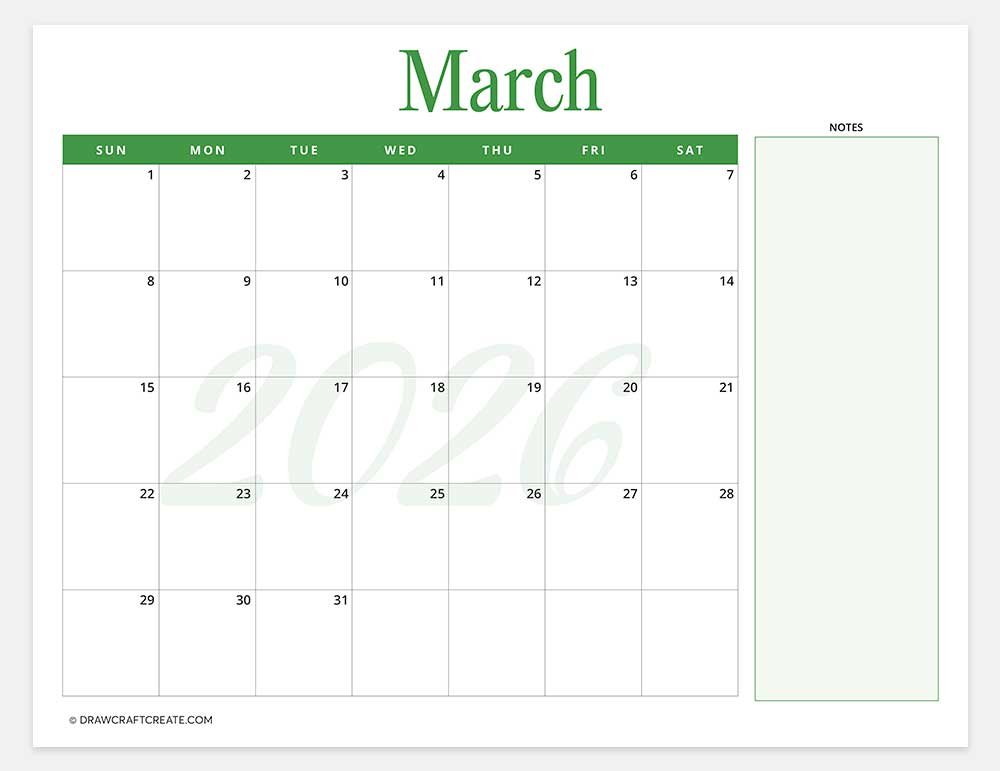 printable march 2026 calendar horizontal