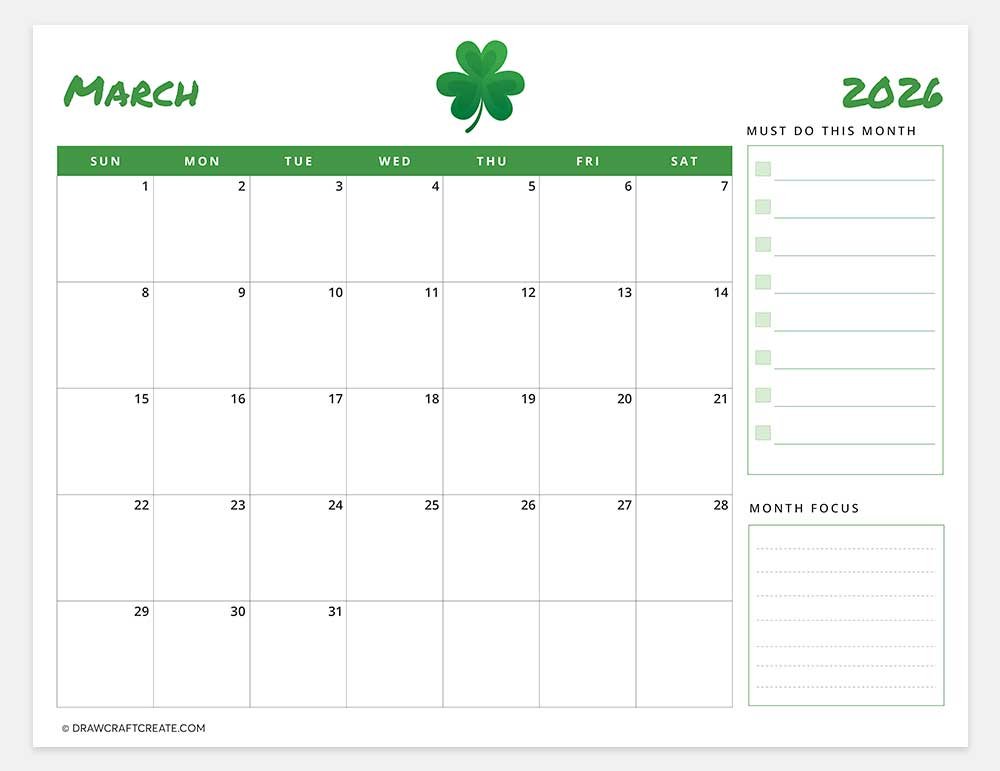 printable march 2026 calendar horizontal
