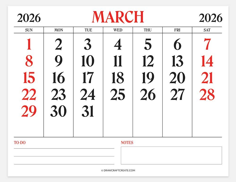 printable march 2026 calendar horizontal