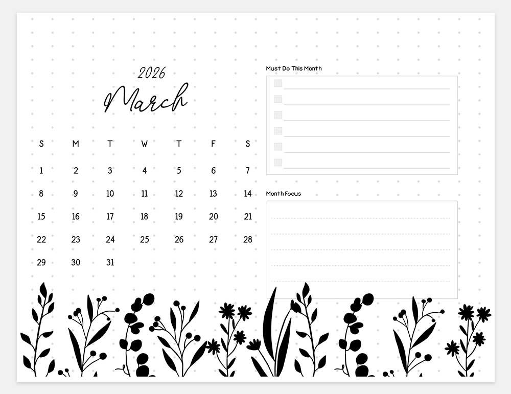 printable march 2026 calendar horizontal