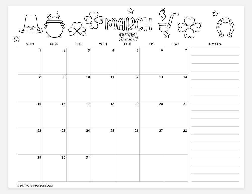 printable march 2026 calendar horizontal