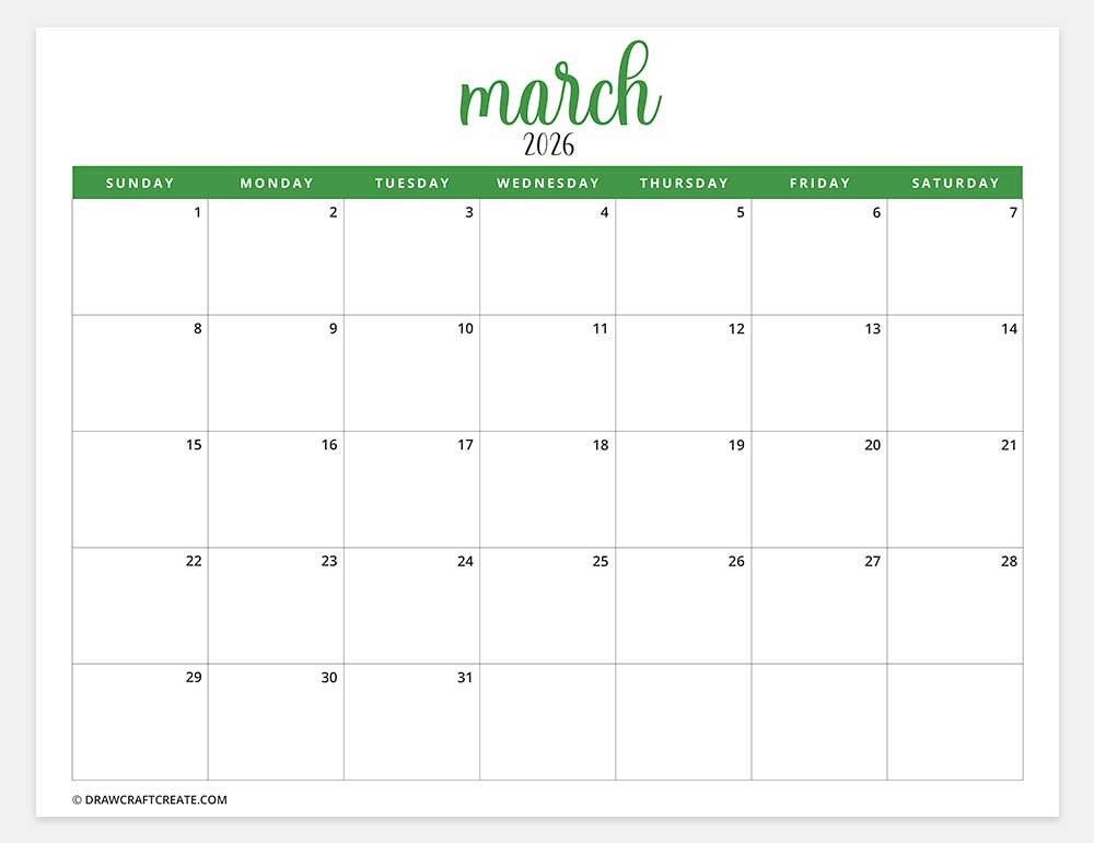 printable march 2026 calendar horizontal