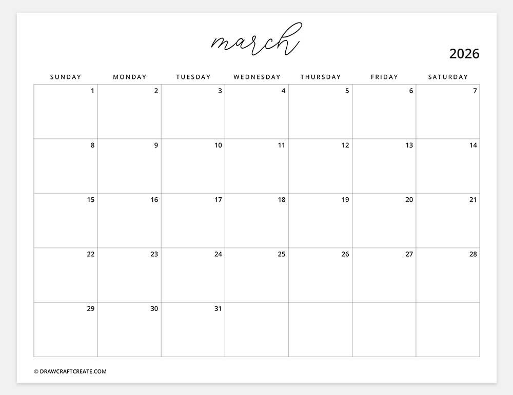 printable march 2026 calendar horizontal
