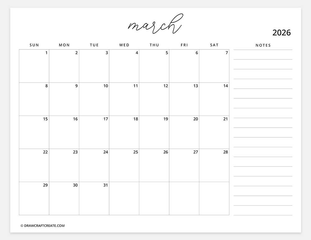 printable march 2026 calendar horizontal