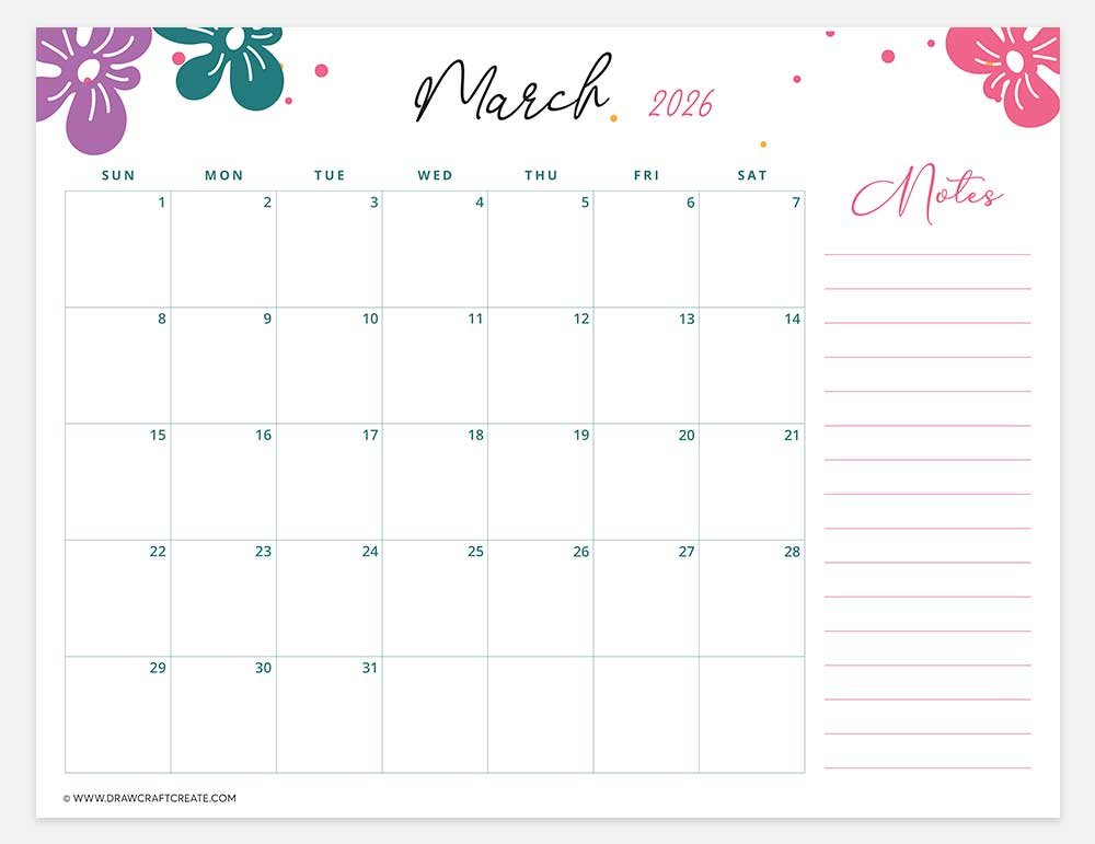 printable march 2026 calendar horizontal
