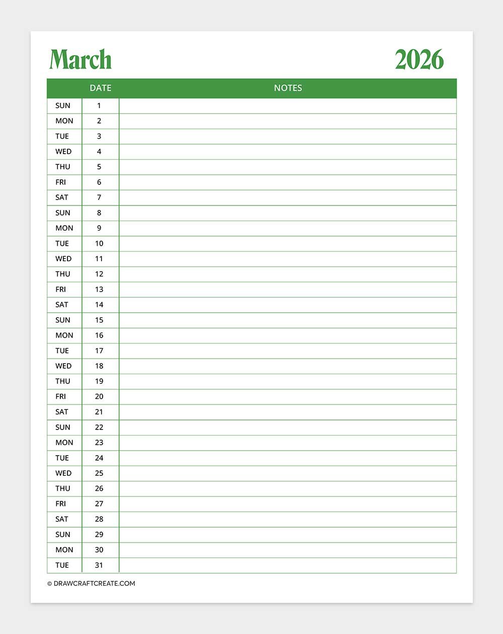 printable march 2026 calendar vertical