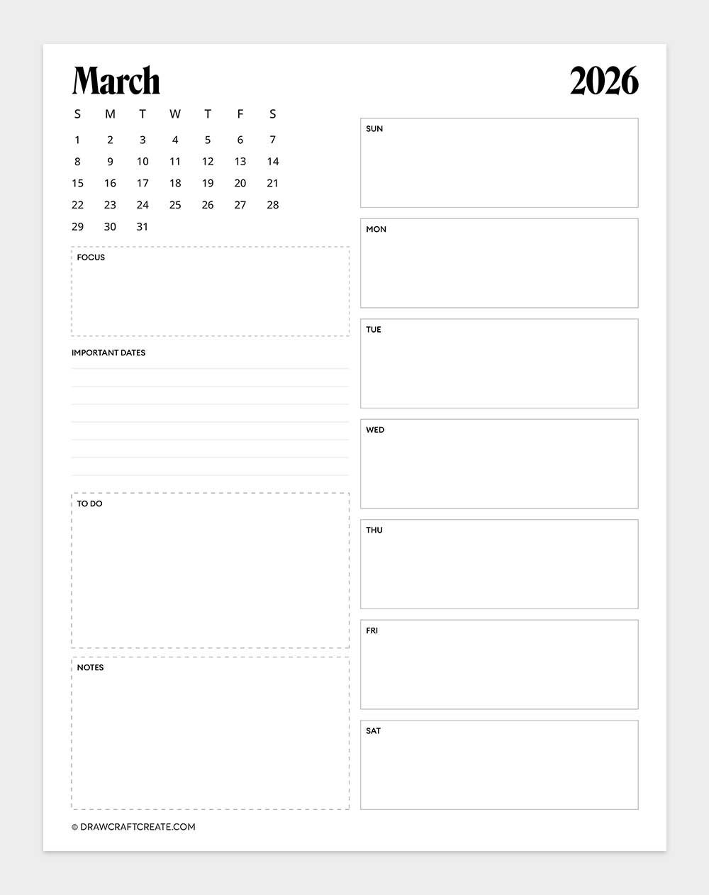 printable march 2026 calendar vertical