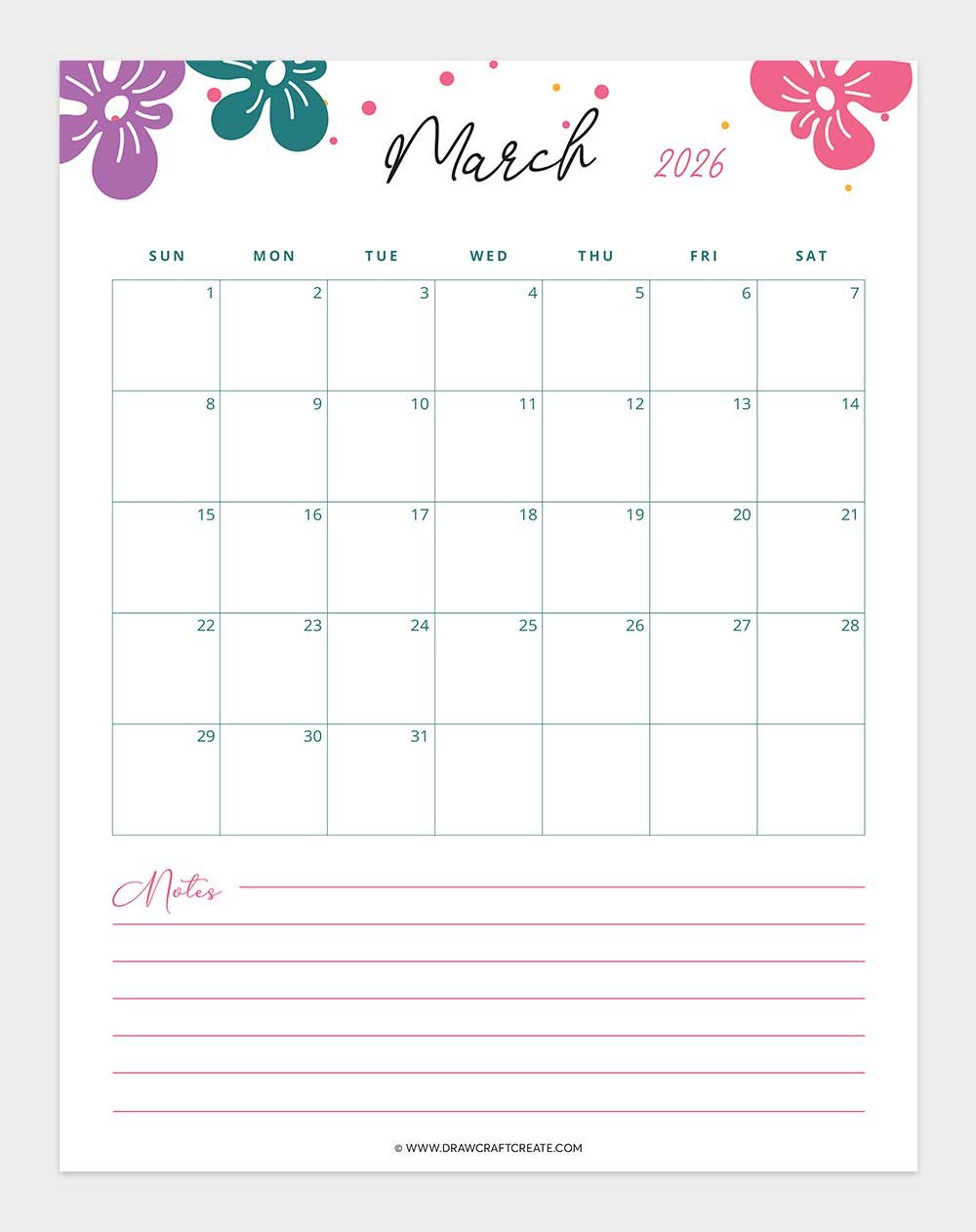 printable march 2026 calendar vertical