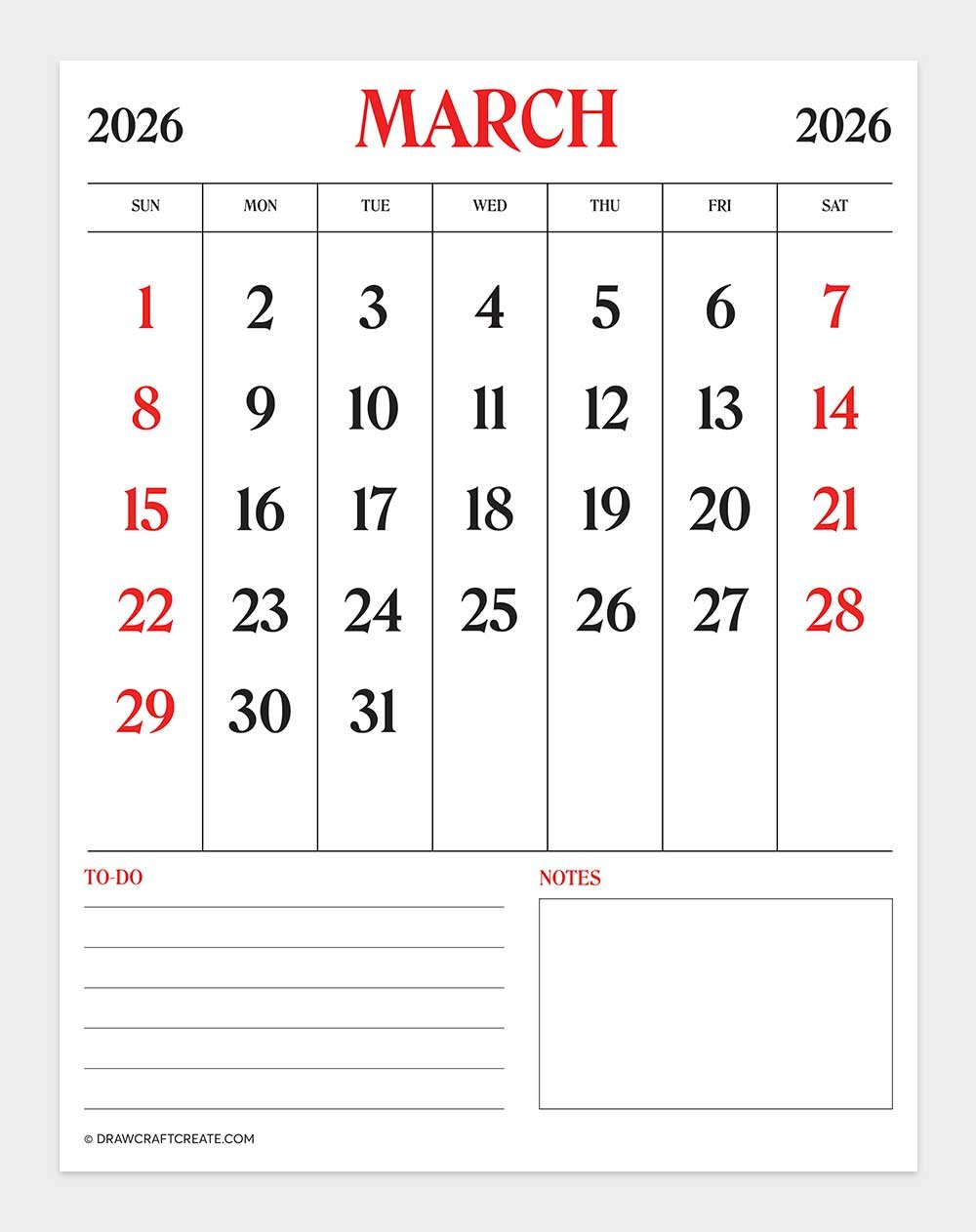 printable march 2026 calendar vertical