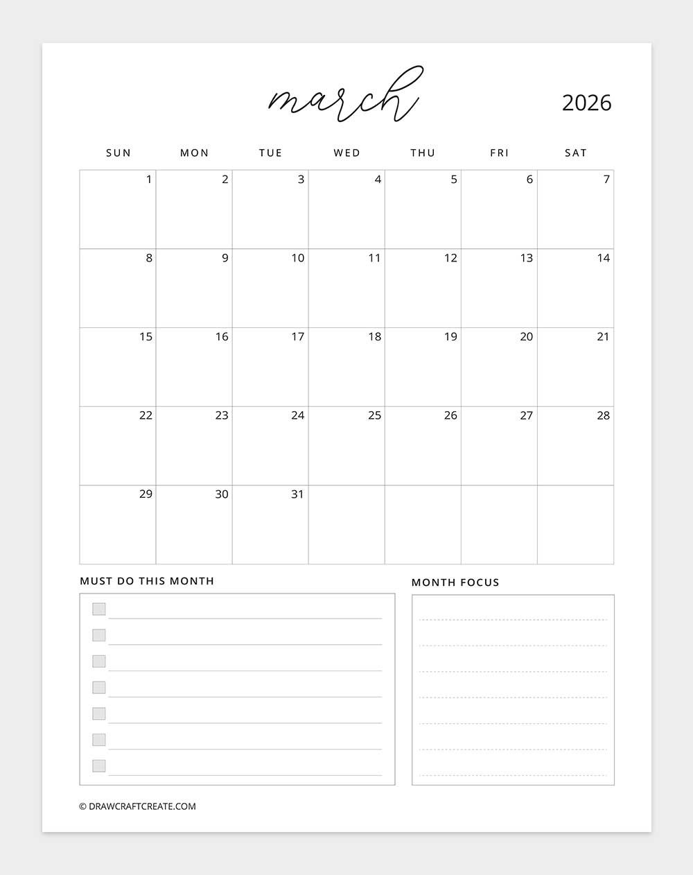 printable march 2026 calendar vertical