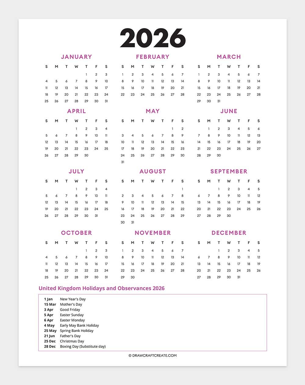 united kingdom holiday calendar 2026
