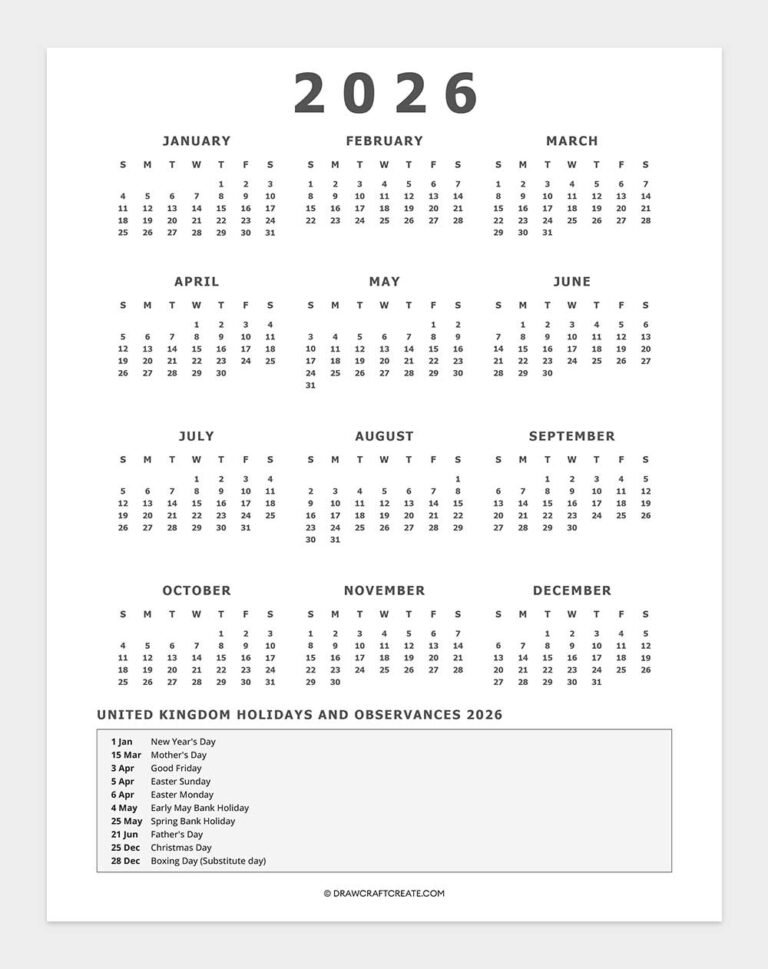 Free Printable United Kingdom Holiday Calendar 2026 - Draw Craft Create