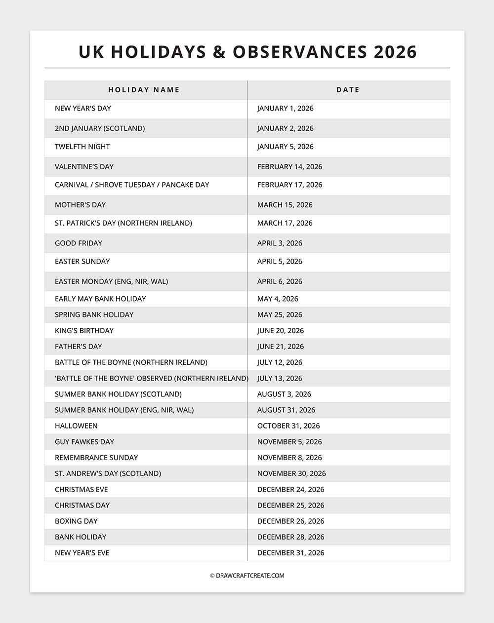 united kingdom holiday calendar 2026