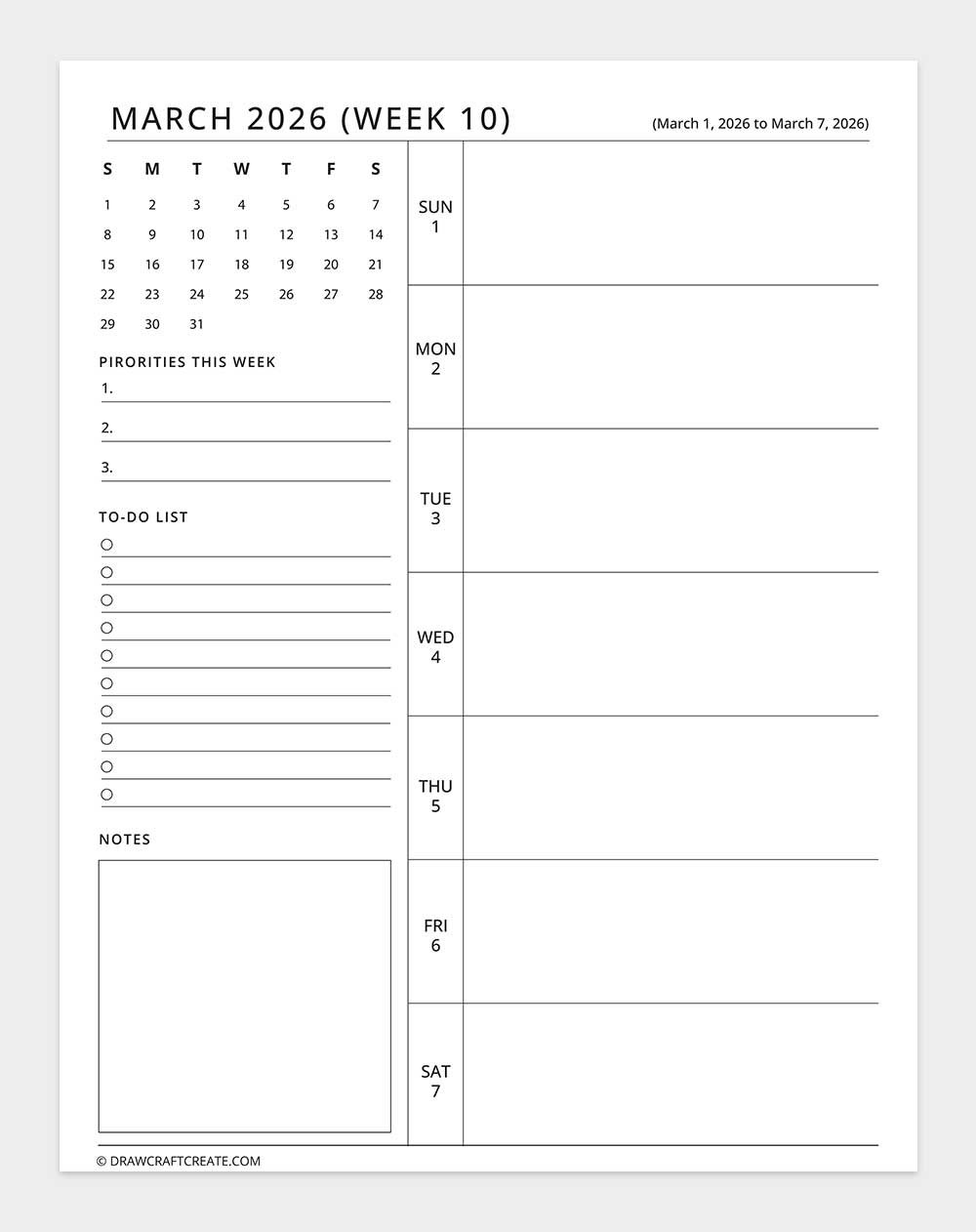 march 2026 weekly planner