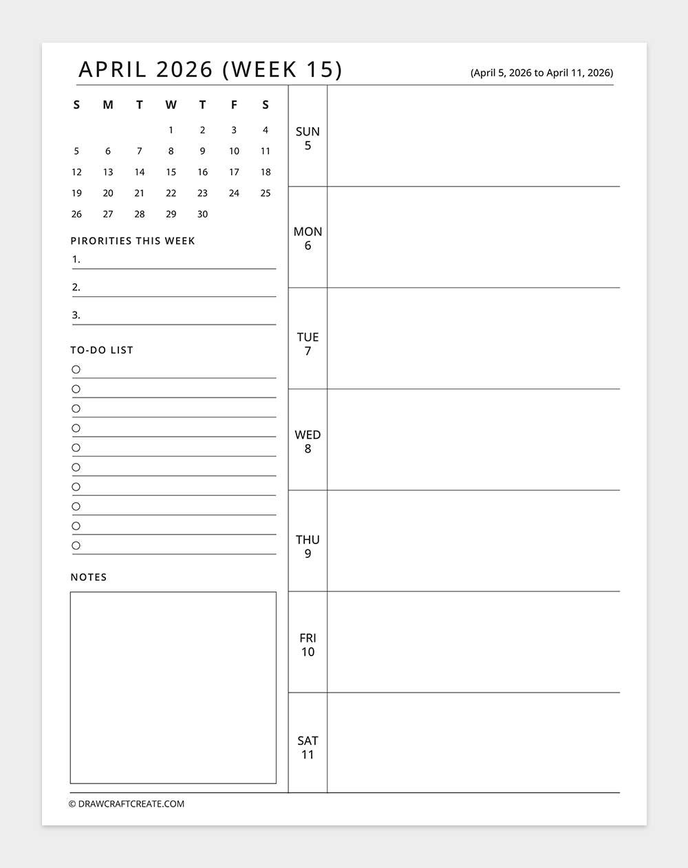 april 2026 weekly planner