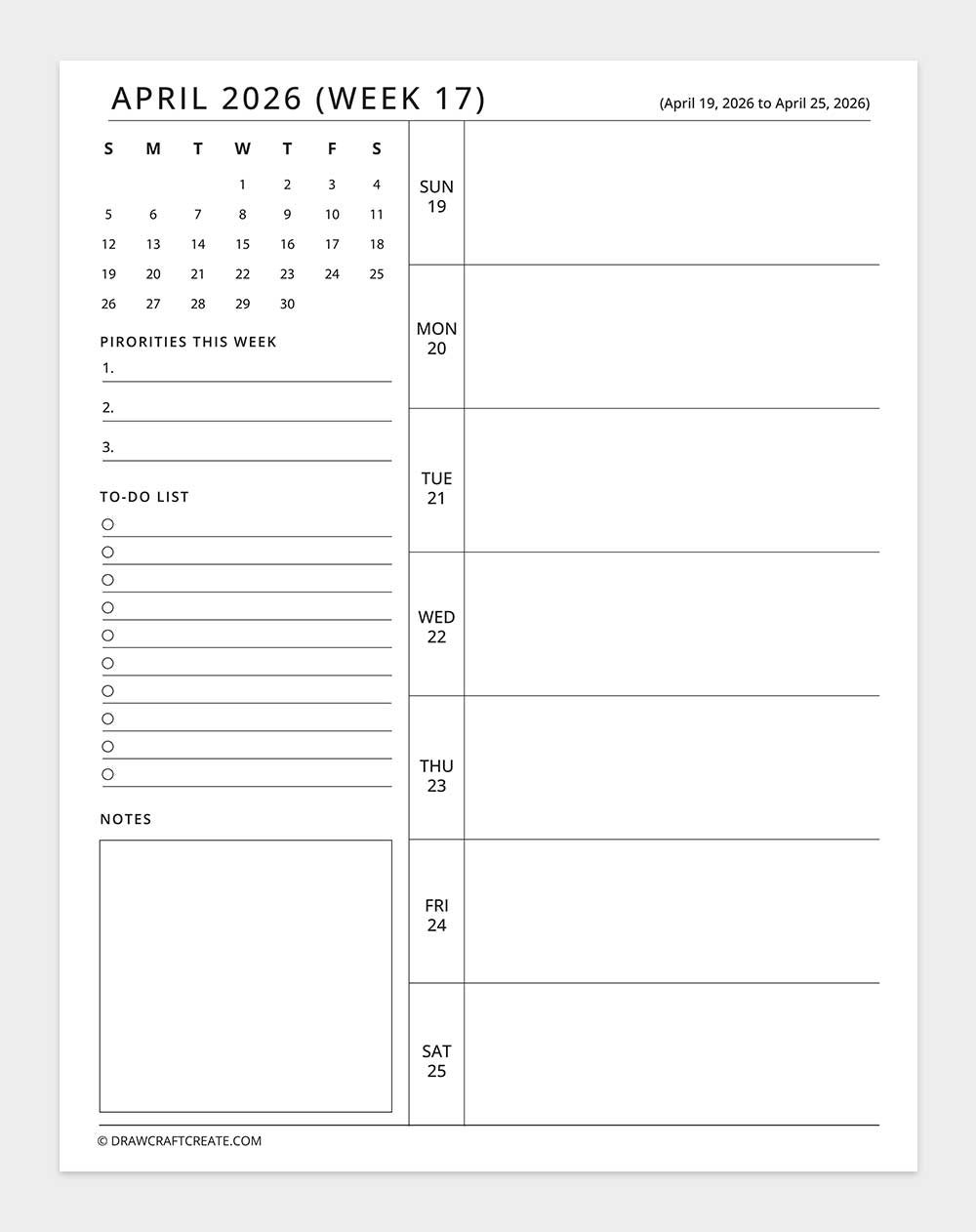 april 2026 weekly planner