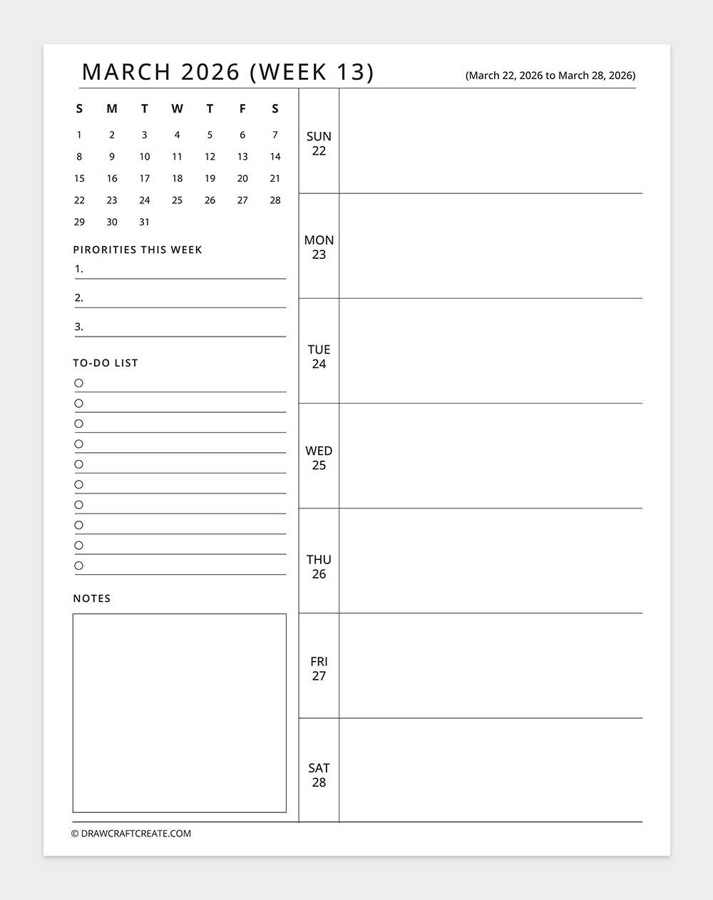 march 2026 weekly planner