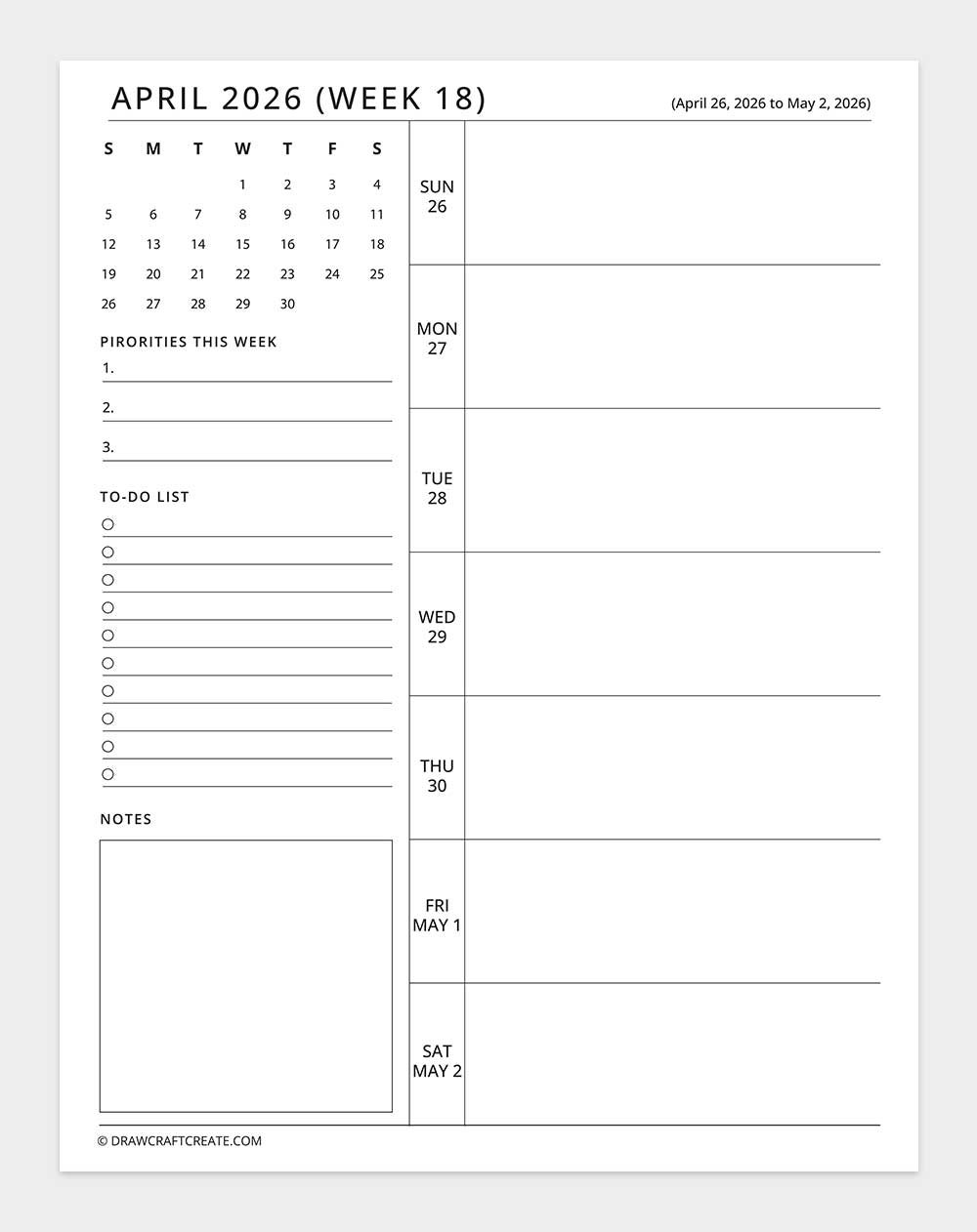 april 2026 weekly planner