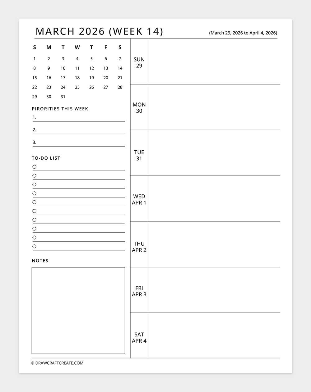 march 2026 weekly planner
