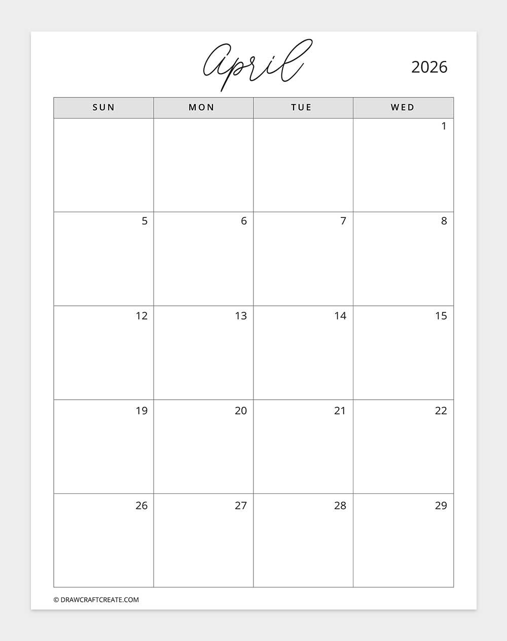 april 2026 calendar big date box