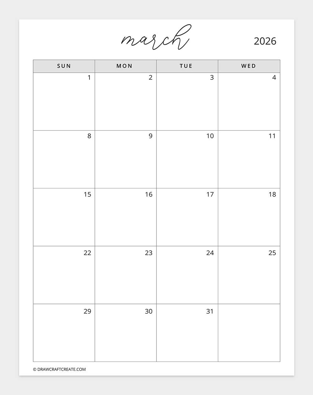 march 2026 calendar big date box