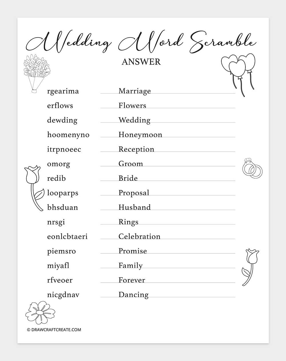 Wedding word scramble answer