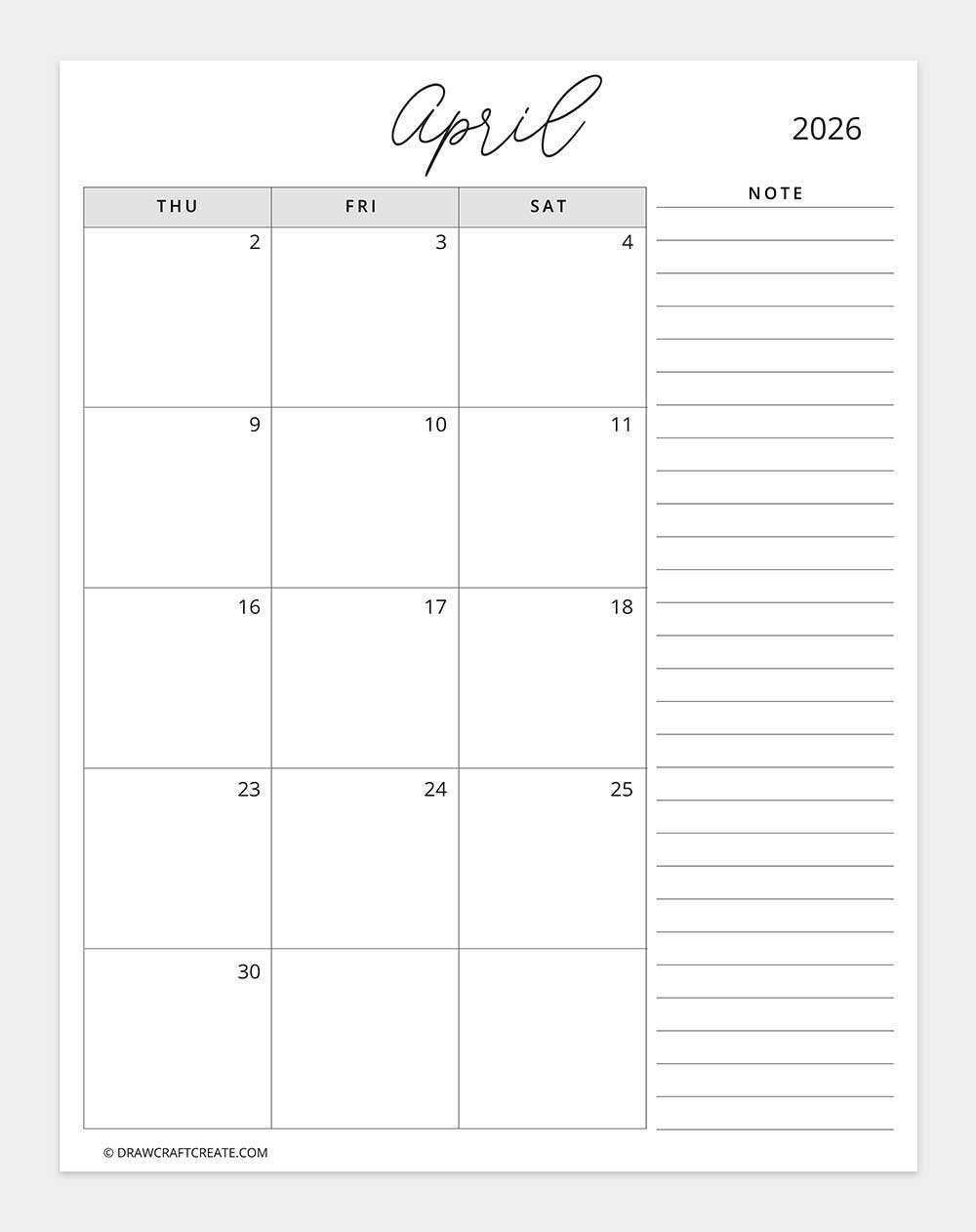 april 2026 calendar big date box