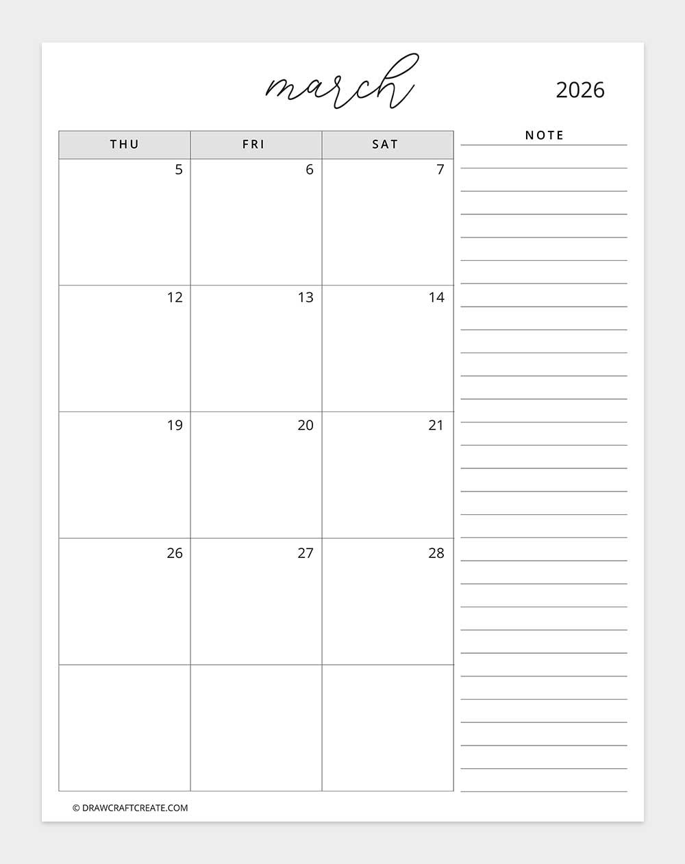march 2026 calendar big date box