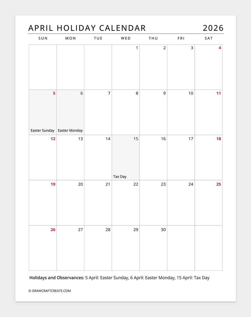 april 2026 holiday calendar