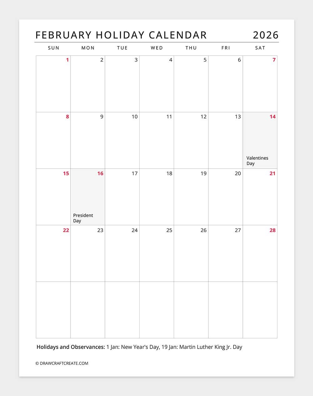 february 2026 holiday calendar