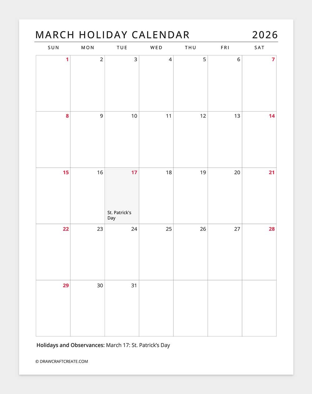 march 2026 holiday calendar