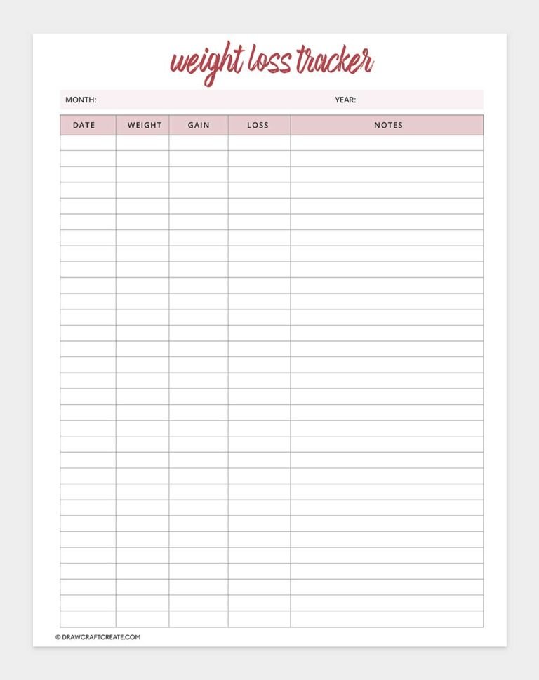 Free Printable Weight Tracker Template (9 Design) - Draw Craft Create