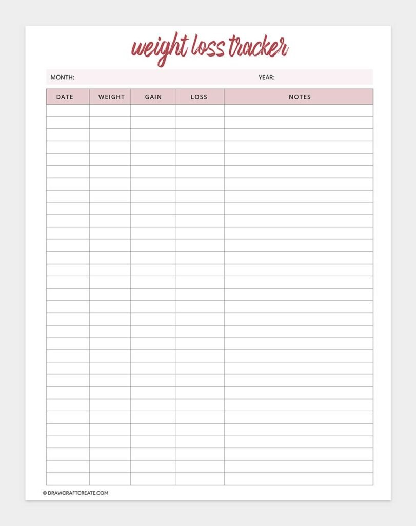 Free Printable Weight Tracker Template (9 Design) - Draw Craft Create