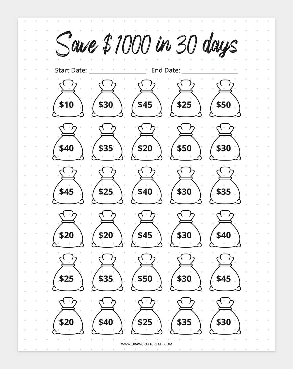 free printable 1000 Savings Challenge