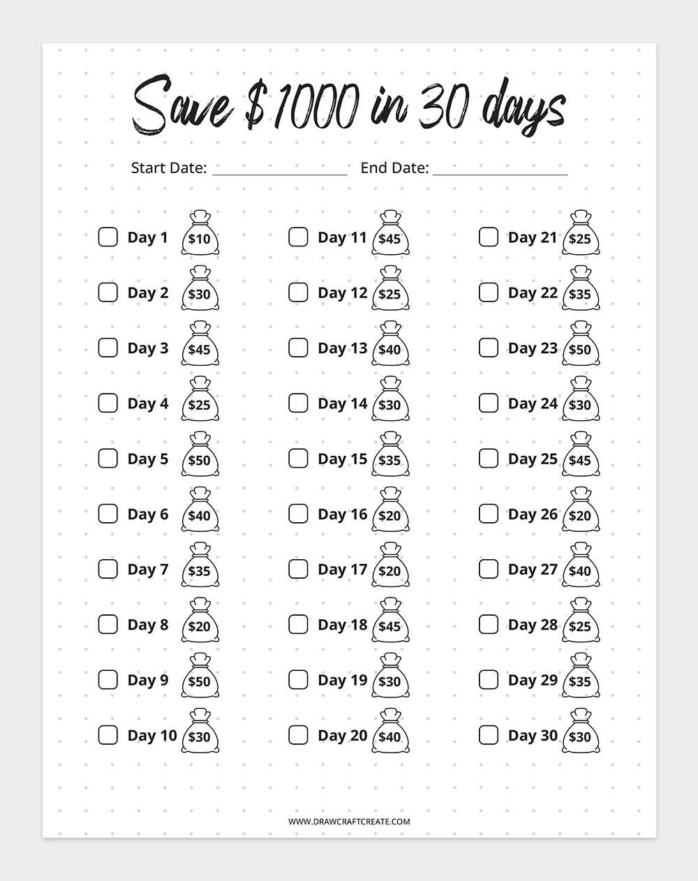 free printable 1000 Savings Challenge