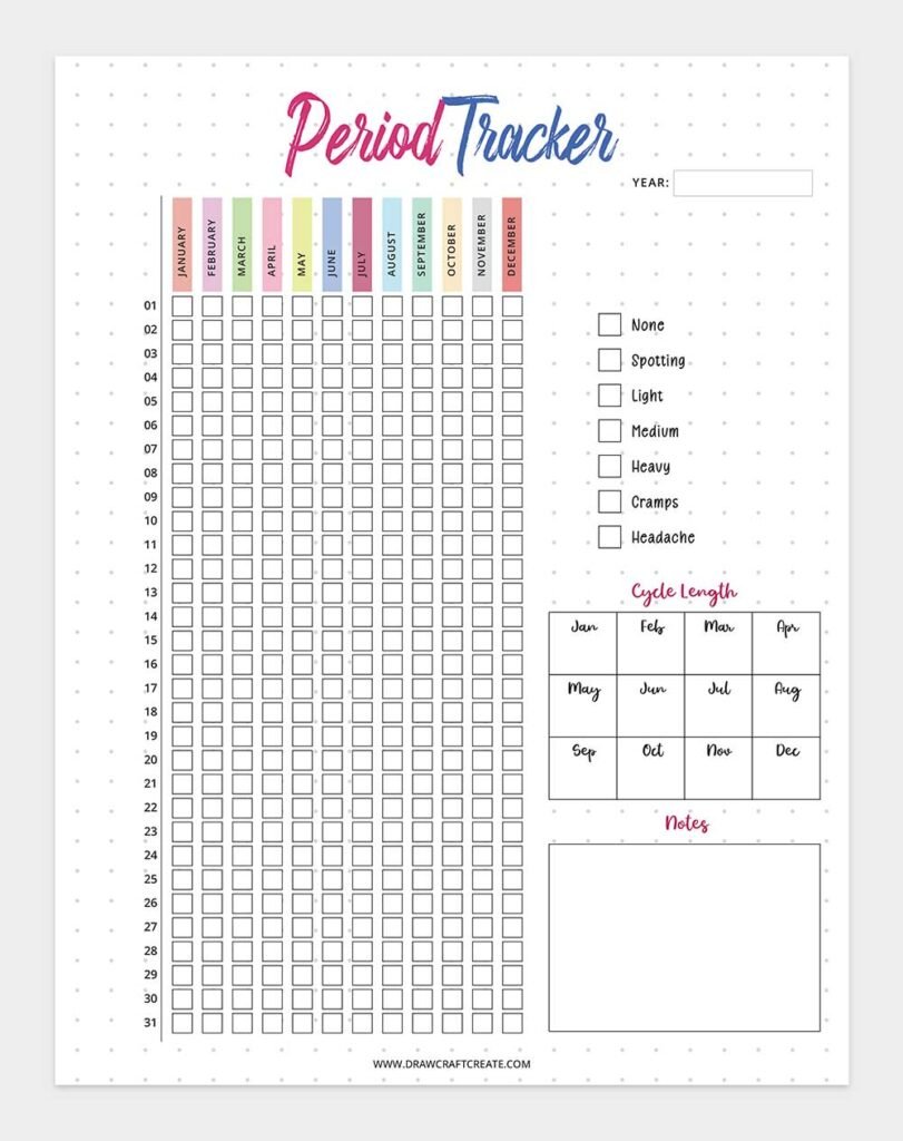 Free Printable Period Tracker Template - Draw Craft Create