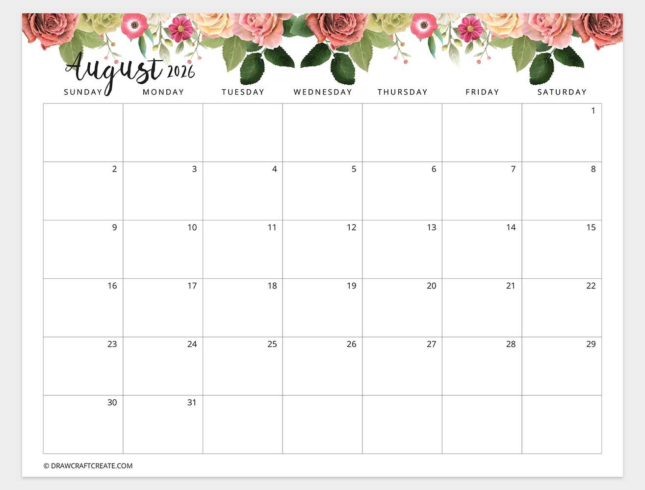 printable august 2026 calendar horizontal