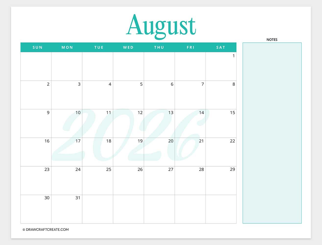 printable august 2026 calendar horizontal
