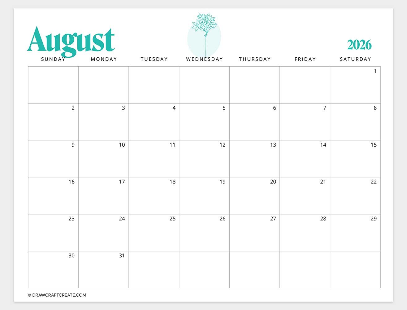 printable august 2026 calendar horizontal